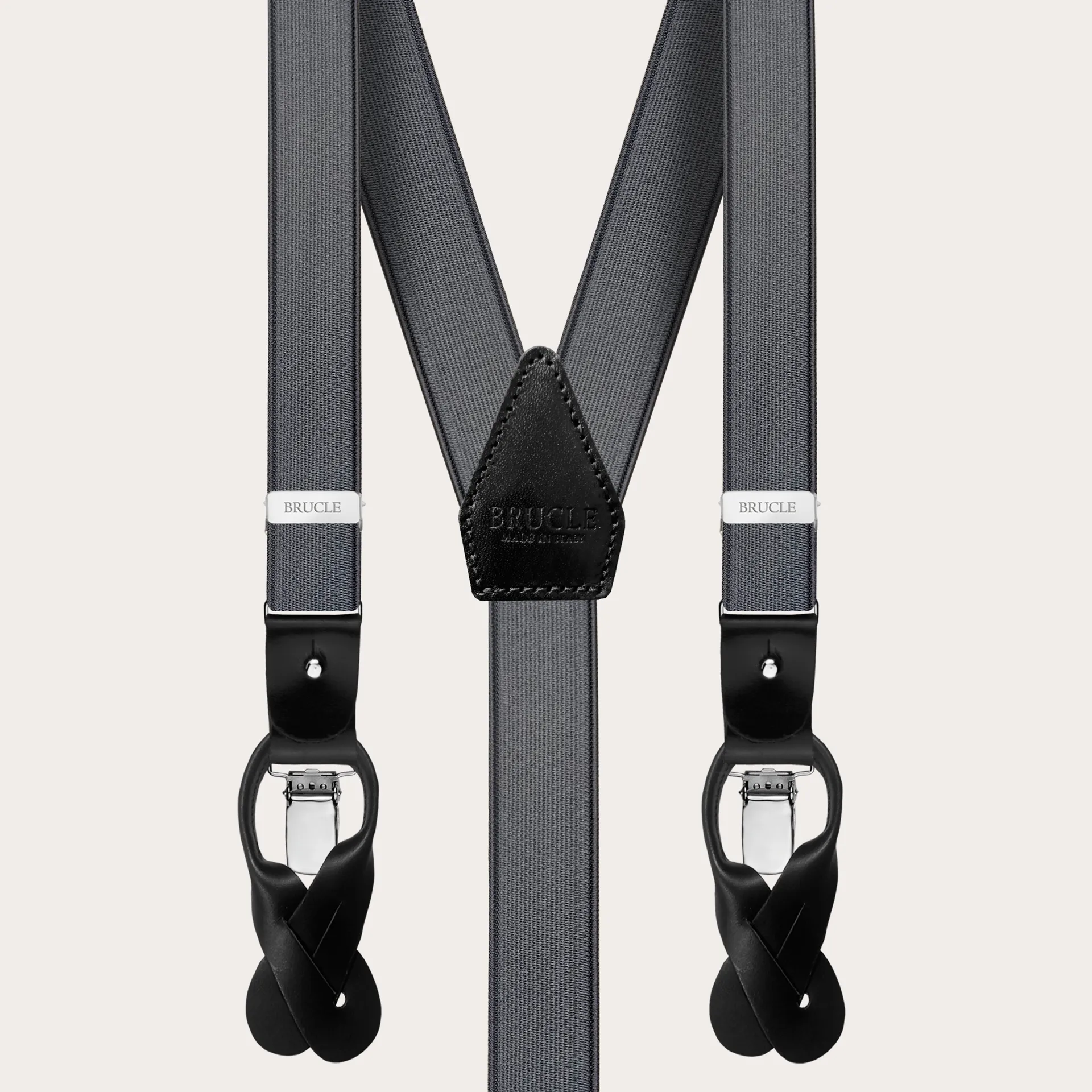Bretelle in raso elastico grigio con baffi e clip
